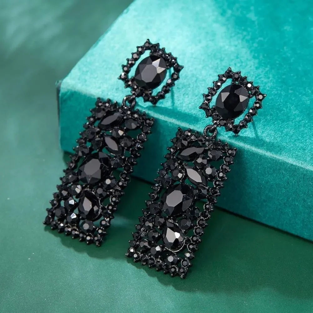 Carbon Black with Ruby Red Crystal Rectangle Geometric Chandelier Post Earrings